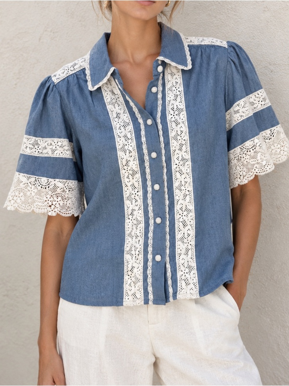 Caroline Constas blue linen blend crochted lace trim blouse